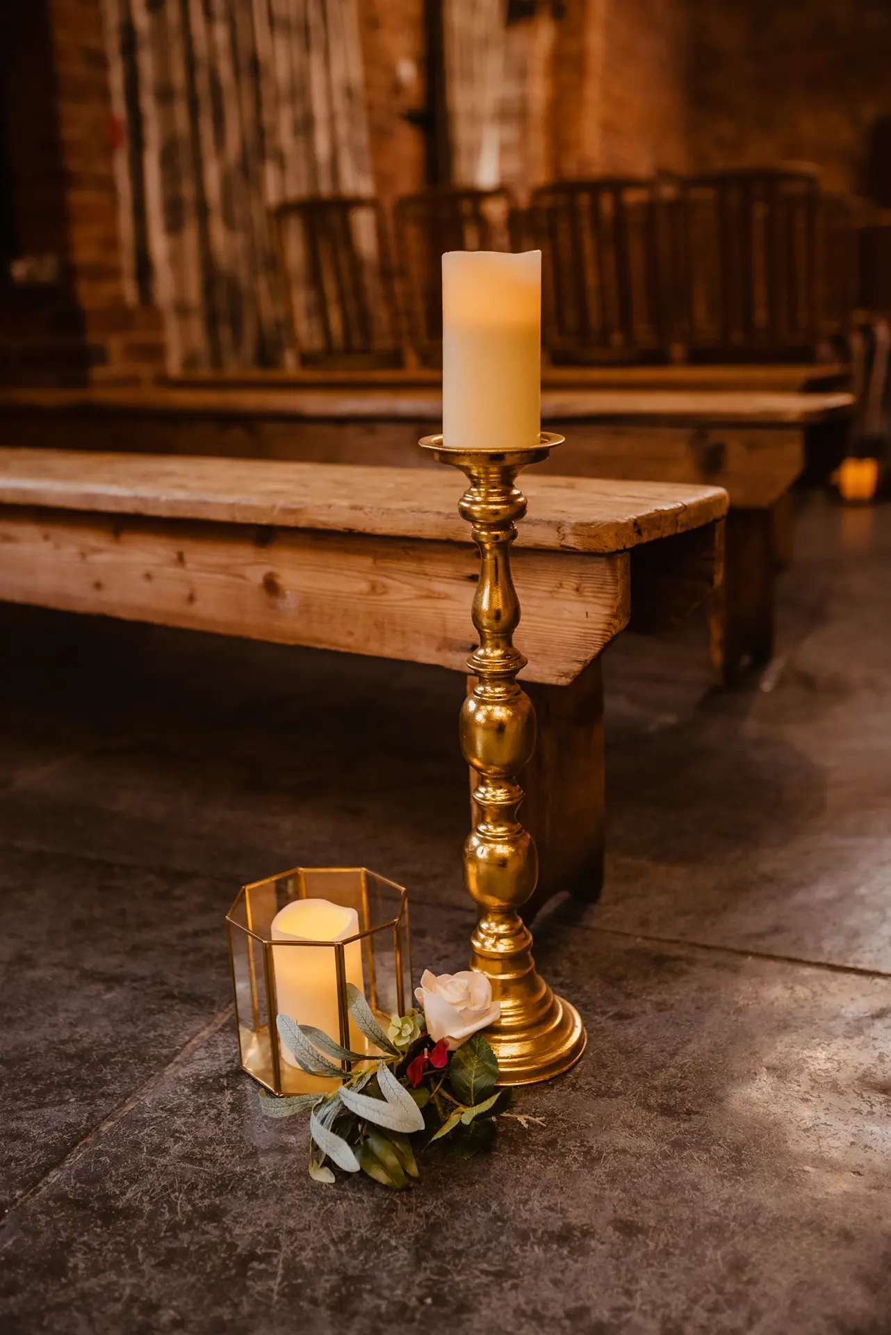 Curradine Barns brass candle stick wedding decor